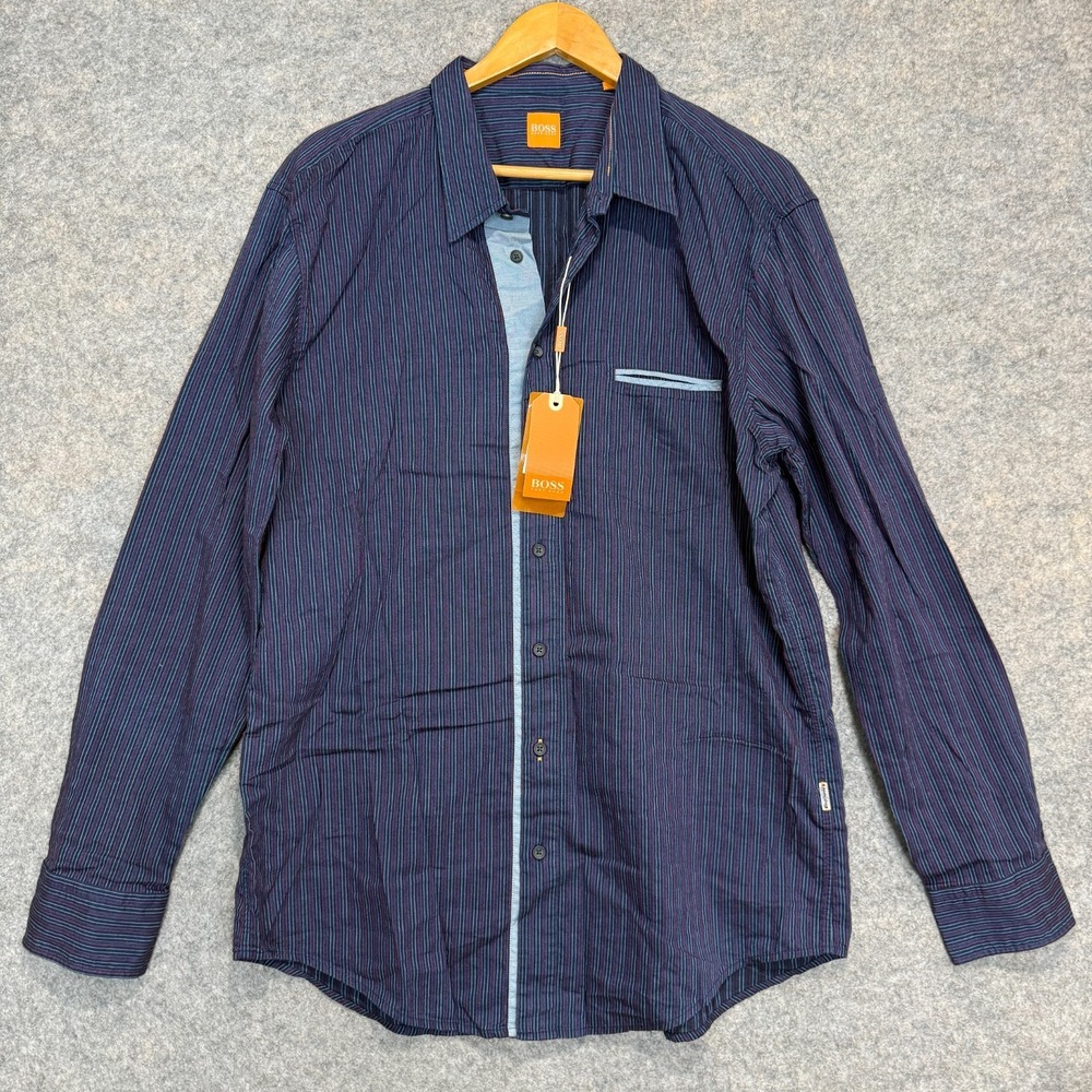 Boss Orange Button Shirt Mens 2XL Striped Casual Formal Pocket Navy NEW NWT